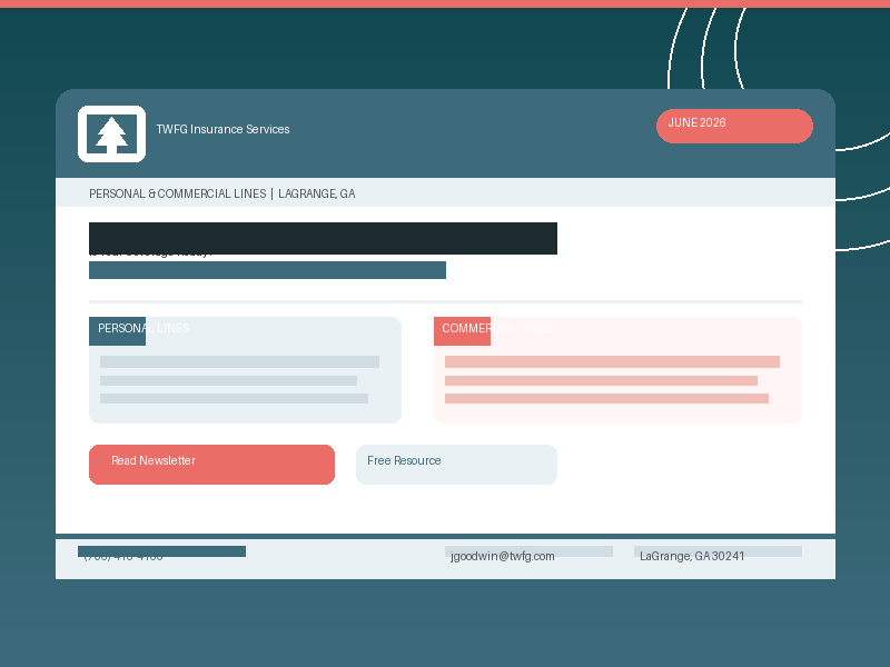 TWFG Insurance Services newsletter mockup showing personal and commercial lines coverage comparison for LaGrange, GA