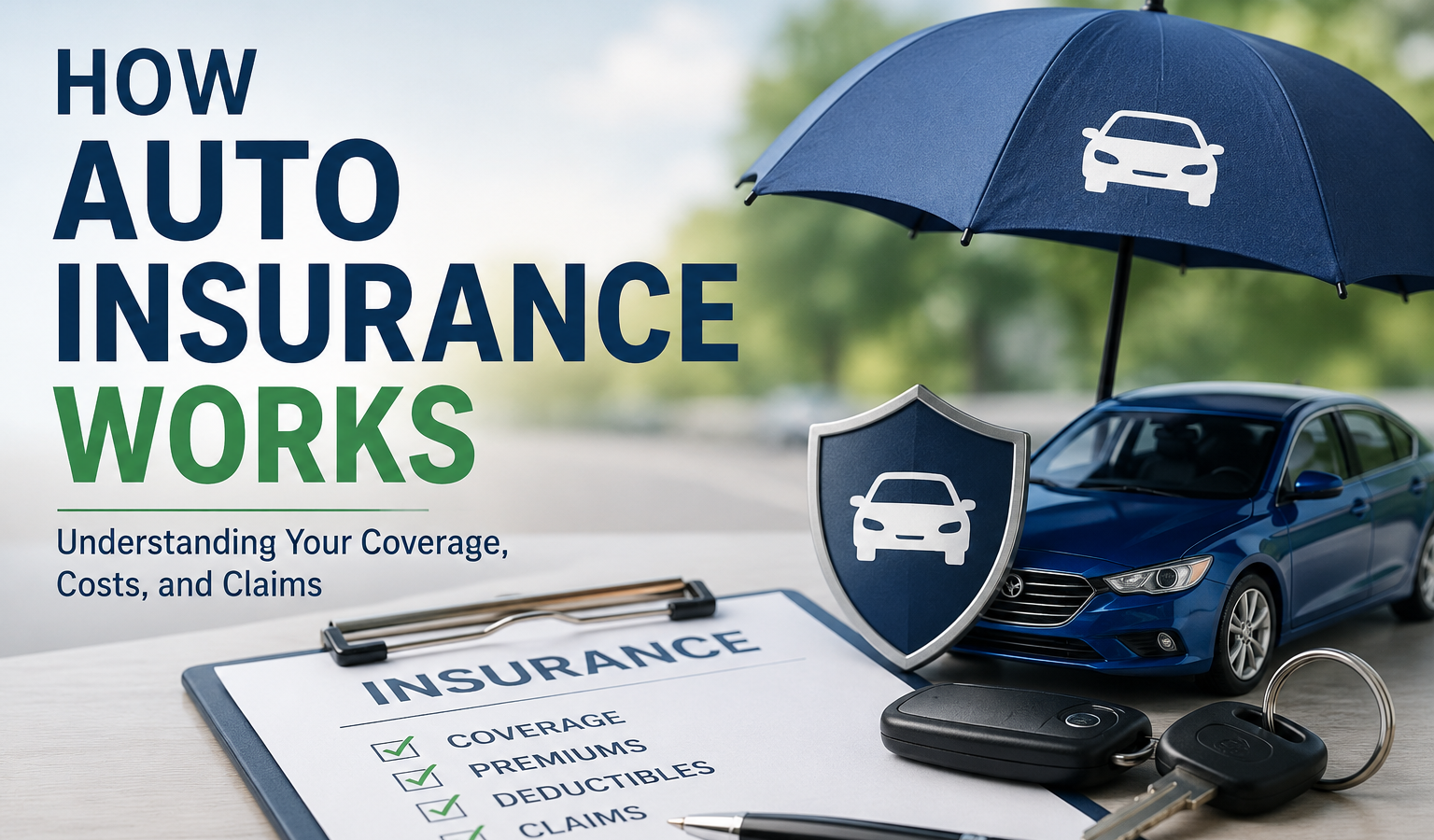 Auto insurance infographic showing umbrella protecting blue car with keys, clipboard with coverage checklist