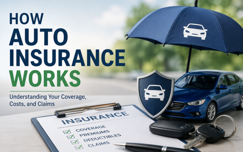 Auto insurance infographic showing umbrella protecting blue car with keys, clipboard with coverage checklist